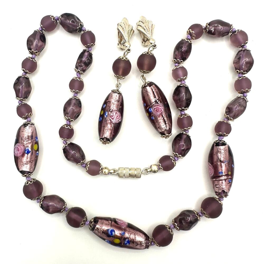 Vintage gold tone purple pink Murano art glass beaded necklace clip on earrings
